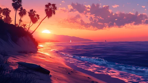 Sunset light washes over tranquil tropical surf and shore.