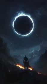 Armored wanderer under a luminescent apocalyptic eclipse.