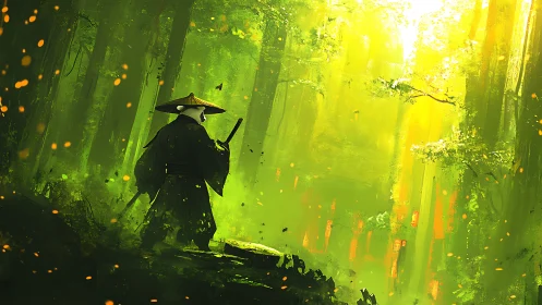 Lone masked samurai within luminous emerald forest path.