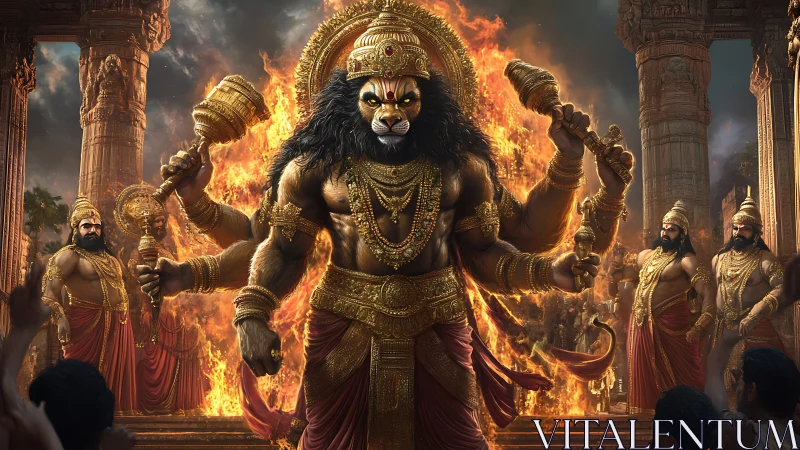 Mythic lion deity amid blazing temple ruins in gold armor.