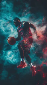 Dynamic basketball hero soaring through glowing neon mist.