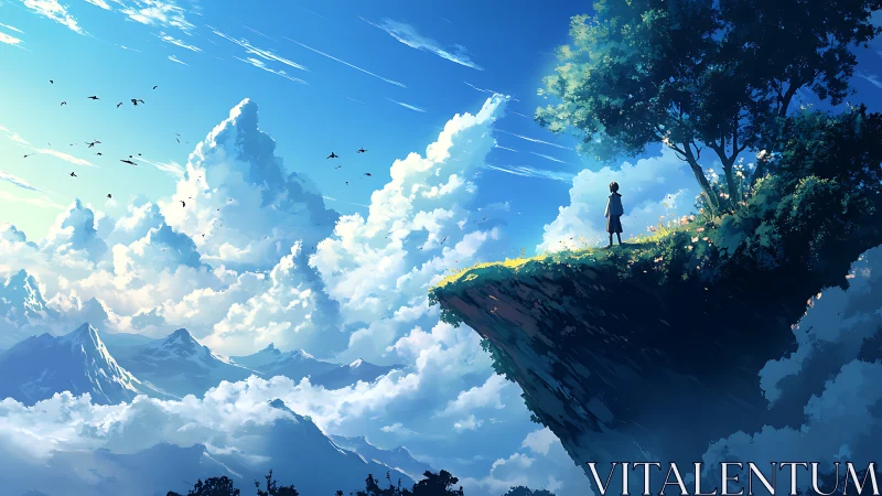 Solitary figure on cliff edge above distant clouded peaks.