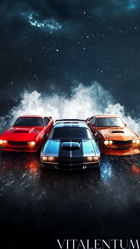 Three muscle cars advance in formation on wet reflective road