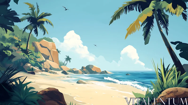 Tropical Beach Landscape with Palms and Boulder Formations
