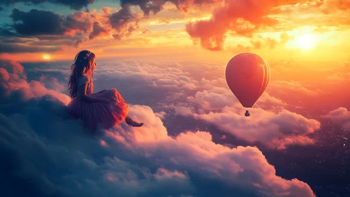 Atmospheric dreamscape with girl on clouds and balloon at sunset.
