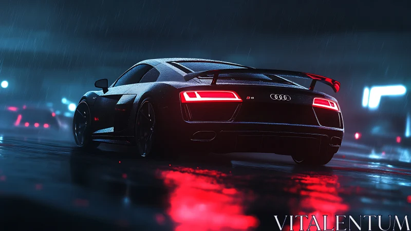 Neon rainstorm turns sleek supercar into a blazing street phantom