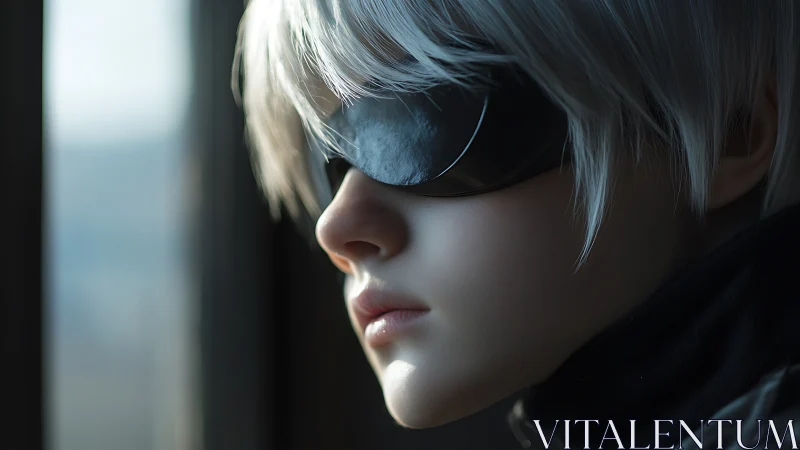 Cyborg youth profile in soft window light, hyperreal render