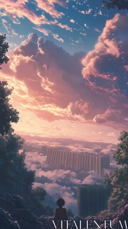 Solitary figure observing distant city above layered clouds.