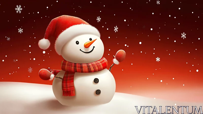 Jolly red-scarfed snowman waving in a glowing winter night.