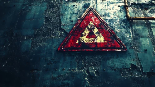 Rusty red hazard triangle on weathered blue metal wall.