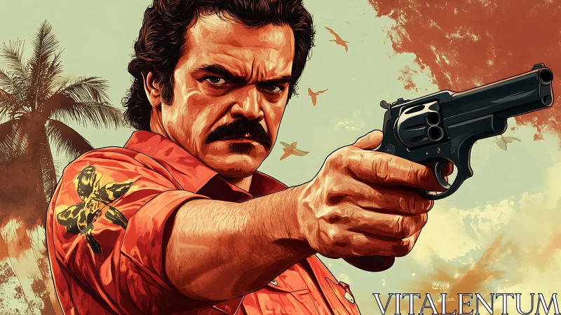 Man in red shirt aiming revolver in stylized landscape.