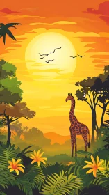 Giraffe standing in lush jungle under vivid sunset sky.