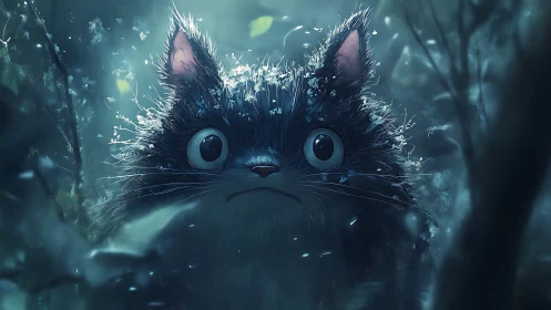 Moonlit forest spirit cat blinking through silver-blue fog.