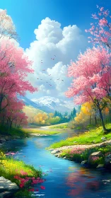 Sunny riverside spring valley with blossoms and soft clouds.