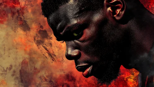 Side profile portrait of man against textured red backdrop.