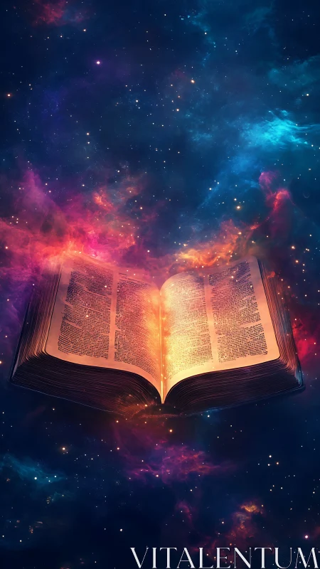 Cosmic grimoire glows amid vibrant nebula-filled starfield.