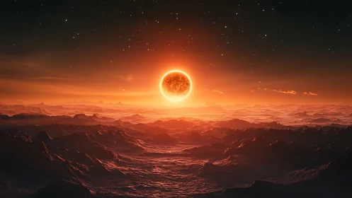 Distant star over rugged alien terrain at sunset horizon.