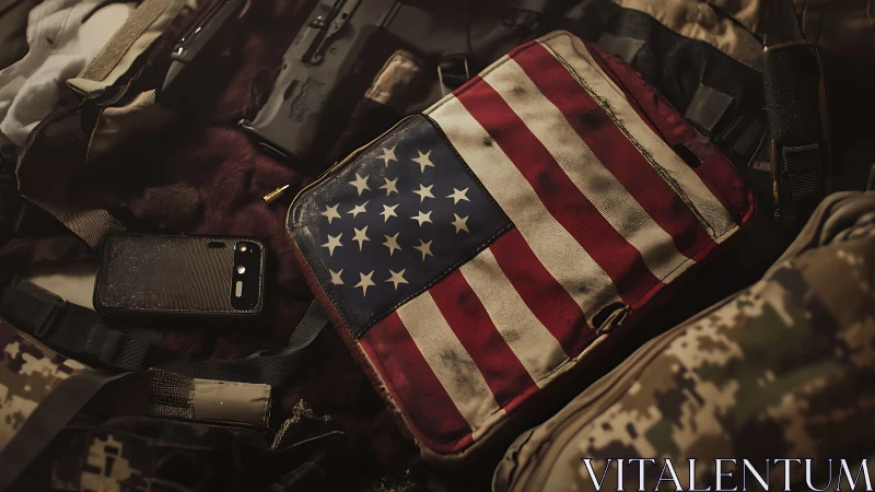 Weathered US flag tactical pouch on military gear layout