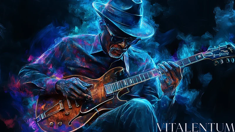 Neon-lit blues guitarist with semi-hollow electric in vivid strokes