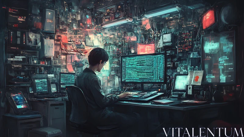 Solitary hacker codes in dense cybernetic workstation glow