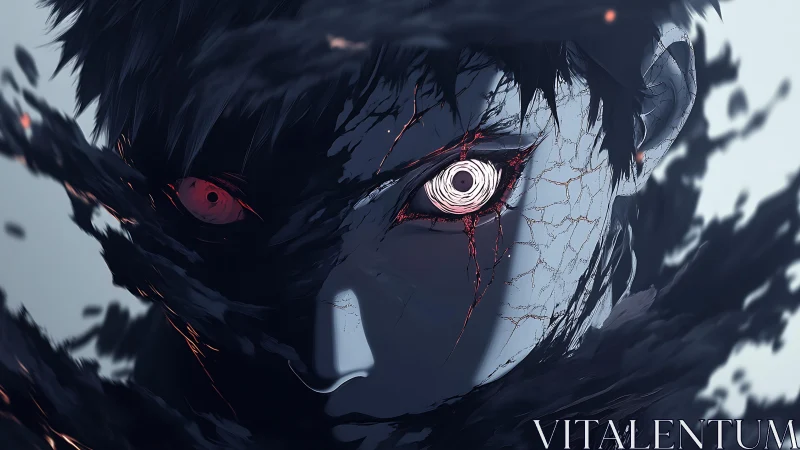 Cybernetic-eyed anime subject engulfed by disintegrating shadow veil