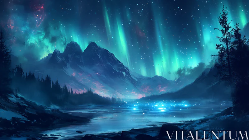 Enchanted mountain lake under luminous aurora night sky.