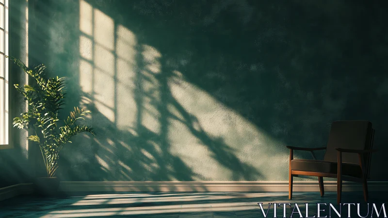 Sunlit corner with plant shadows in minimalist interior.