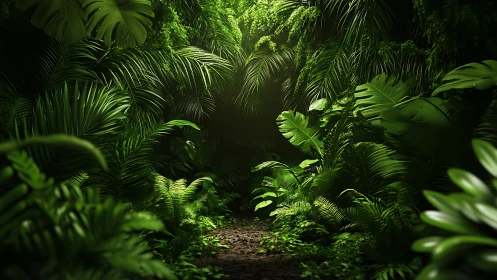 Dense Tropical Jungle Canopy with Layered Palm Fronds and Filtered Ambient Light