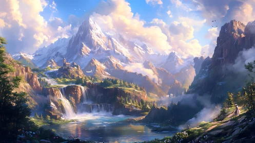 Sunlit mountain haven with waterfalls and a quiet wanderer.