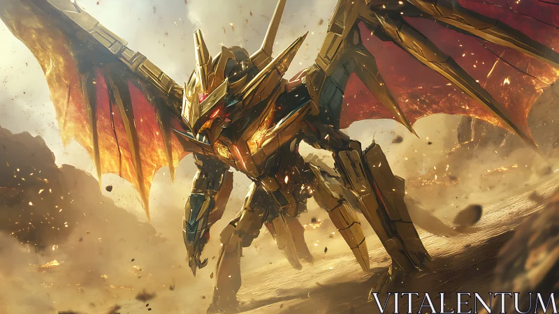 Mighty mechanical dragon storms a blazing battlefield sky