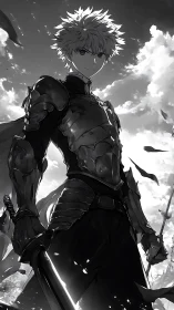 Armored swordsman stands under cloudy sky with confident gaze