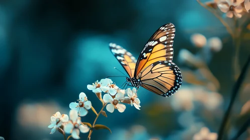 Butterfly on white blossom with soft teal background.