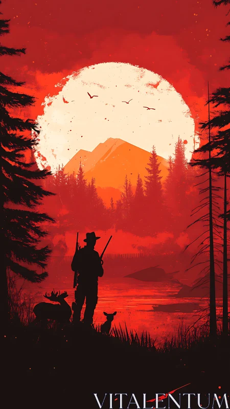 Crimson wilderness hunter before burning sunlit peaks.