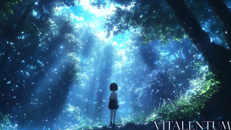 Lone child bathed in ethereal light within luminous forest.