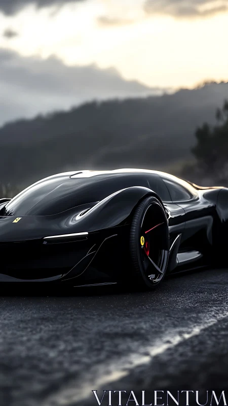 Black futuristic supercar hugs wet mountain road at dusk