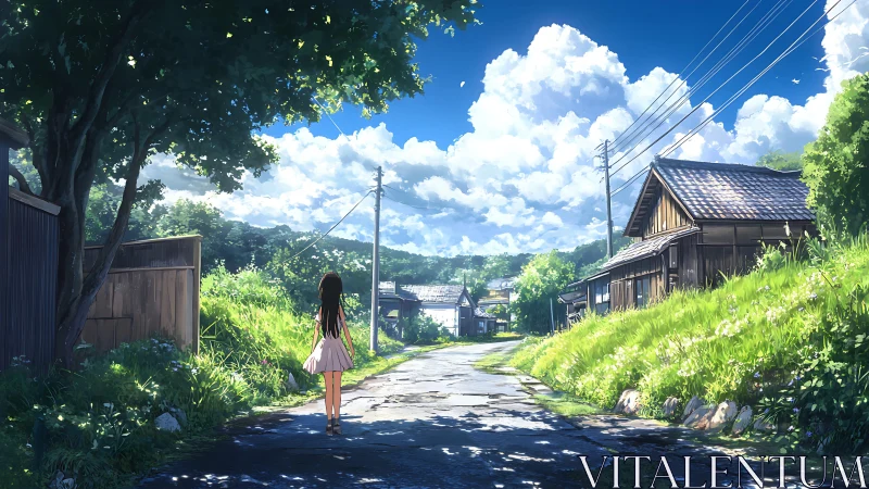 Girl walking alone on sunny rural village road.