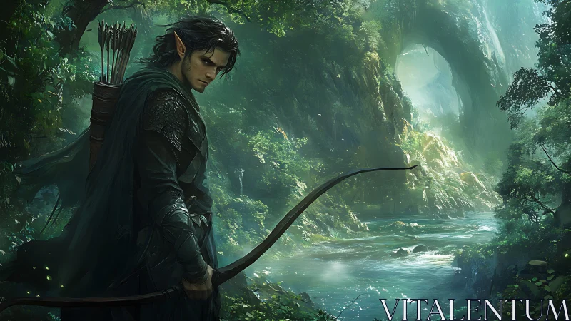 Elven archer overlooking misty river in lush forest.