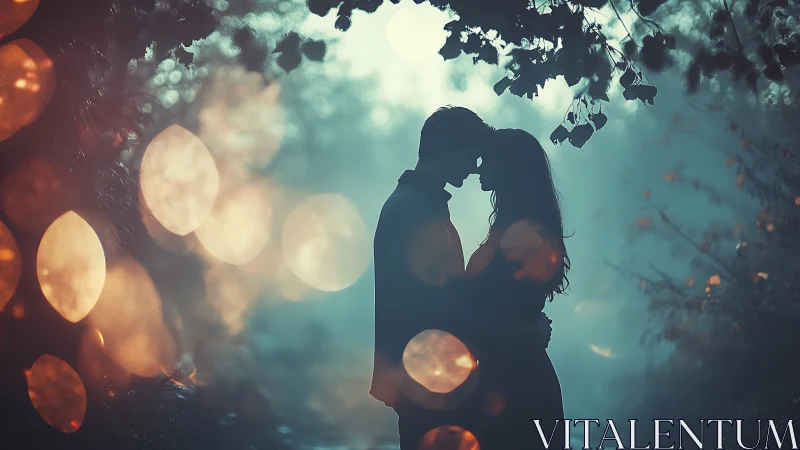 Two Silhouettes Embrace Beneath Glowing Canopy.