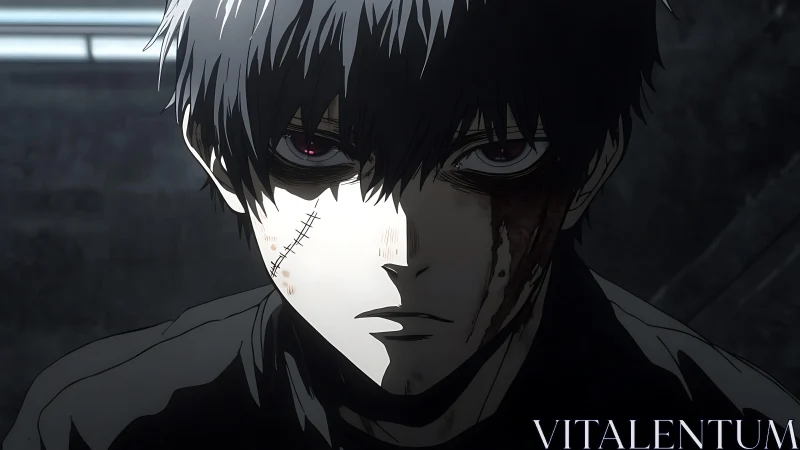 Brooding stitched antihero glares through stark shadow and light