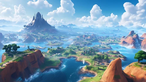 Expansive fantasy landscape with volcanic peak and archipelago waterways