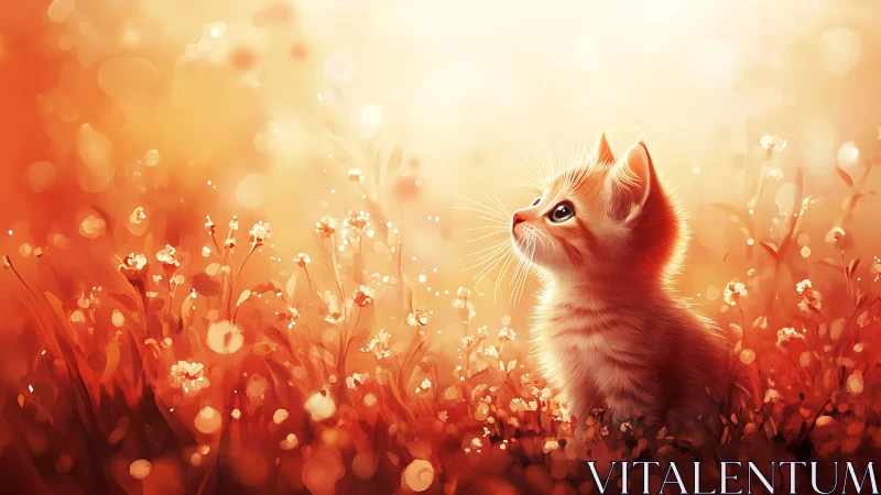 Sunlit meadow kitten basking in shimmering golden bloom.