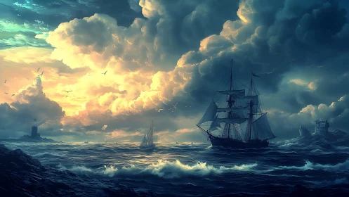 Tall ship crosses stormy seascape under volumetric sunset clouds
