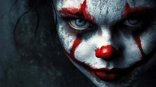 Clown face fills frame with intense blue-eyed stare