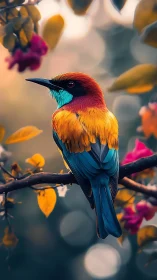 Jewel-toned songbird perched amid dreamy bokeh foliage.