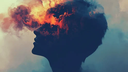 Silhouetted human head merging with orange fire cloud.