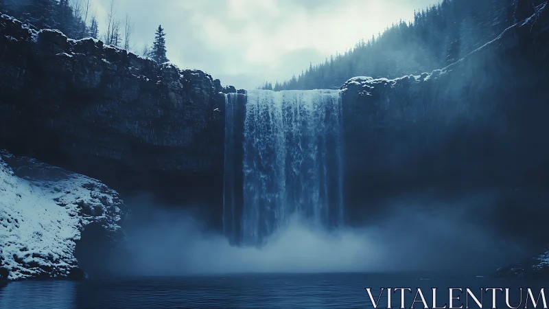 Snowy cliff waterfall under mist in cold blue light.