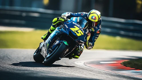 Motorcycle racer leans low through fast circuit corner