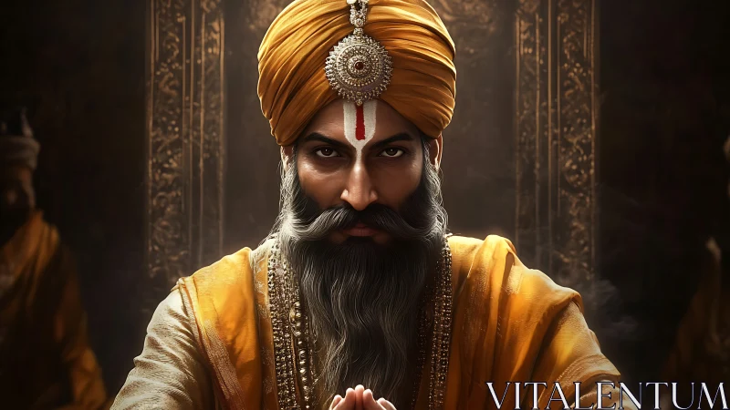 Portrait of turbaned bearded man in ornate dim interior.