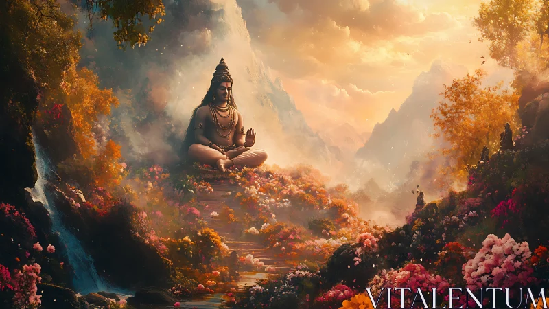 Meditating deity seated in lush, misty mountain valley