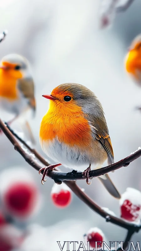 Small passerine bird is perched on snowy branch in winter